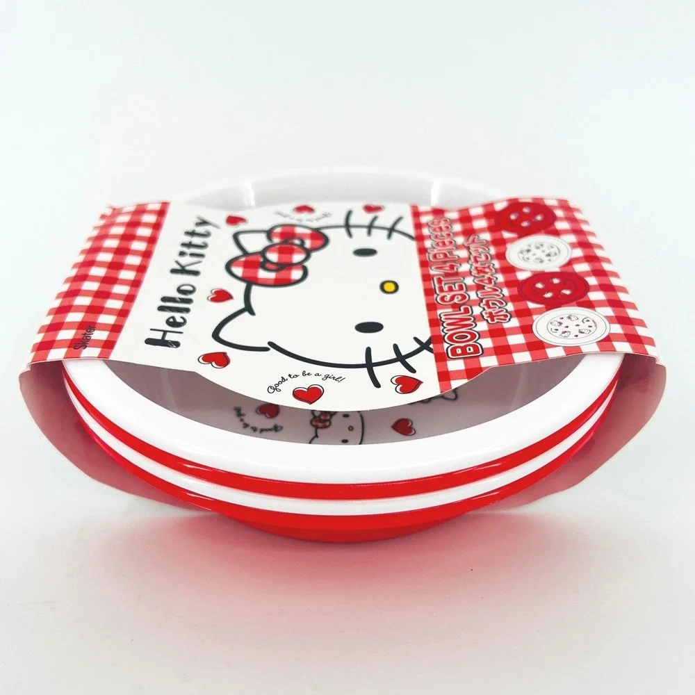 Sanrio Hello Kitty Bowl Set 4 Piece Red White Gingham Heart Pattern Skater Japan